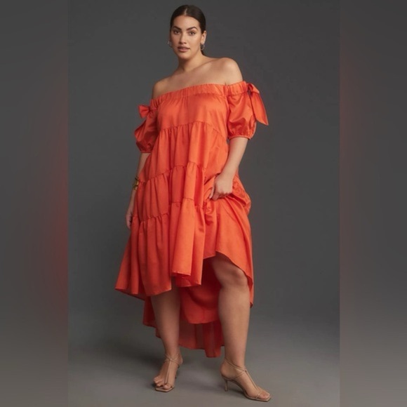 Anthropologie Off-The-Shoulder Tiered High-Low Midi Dress - Picture 6 of 8